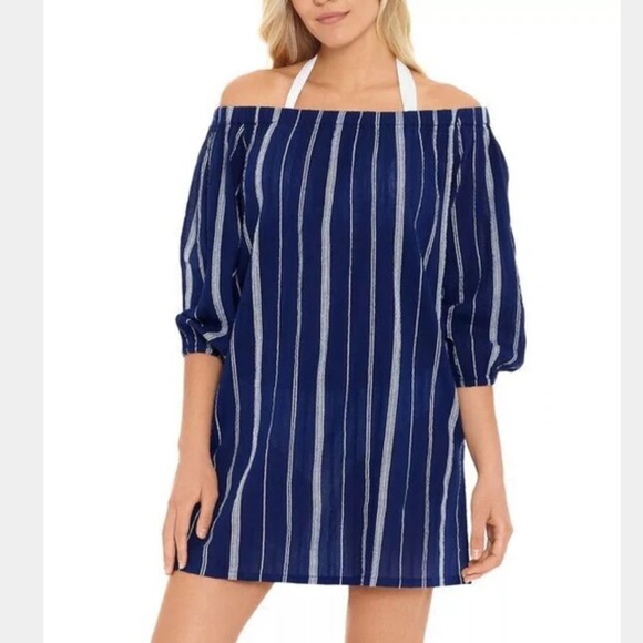 Lauren Ralph Lauren Slub Stripe Off-The-Shoulder Cover-Up Dress Blue Size Large - Picture 1 of 3